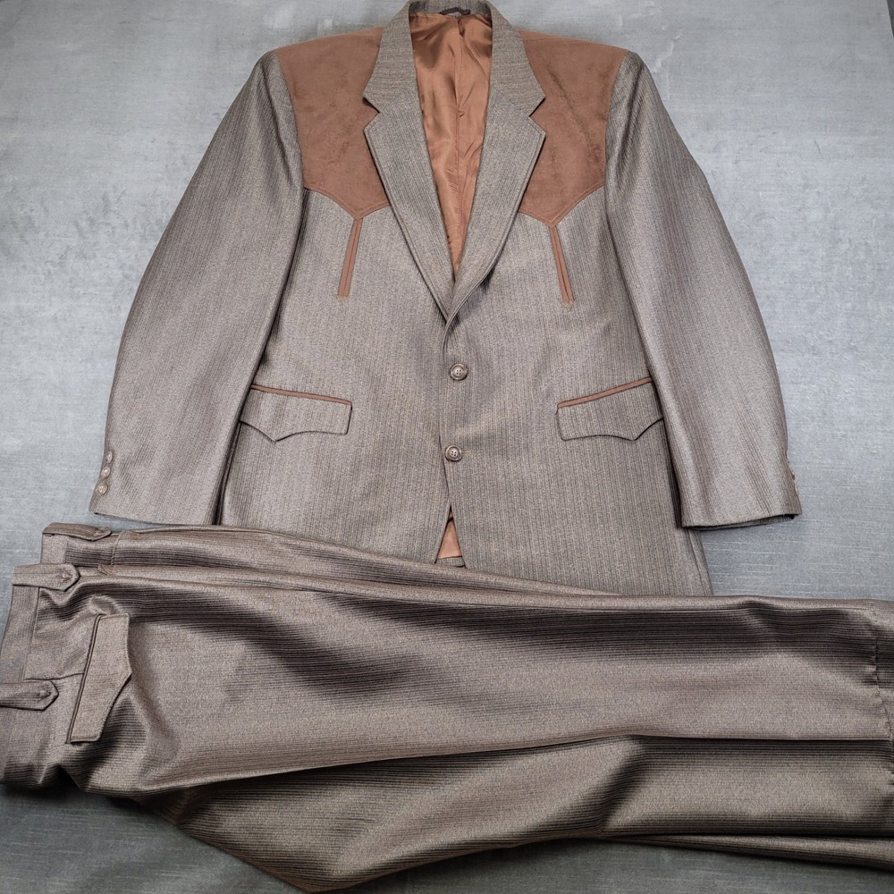 Circle S Mens 46R Western Suit Gray Brown Suede Yoke Blazer Pants Set Made USA